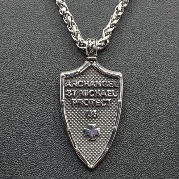 Archangel Saint Michael Necklace Sword Shield Stainless Catholic Christian NEW